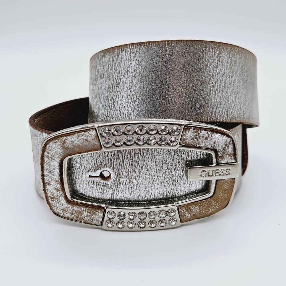 GUESS | distressed metallic leather large buckle belt